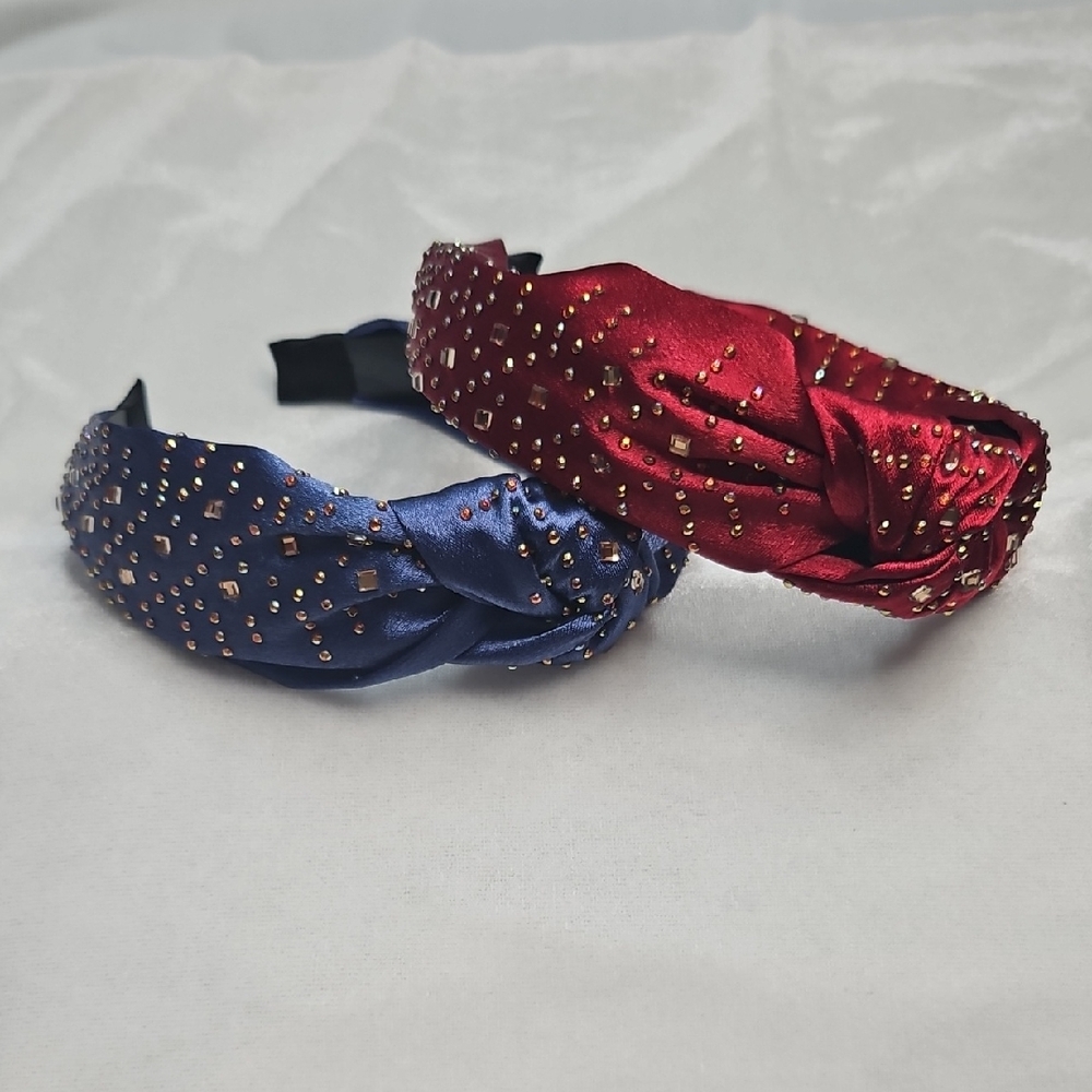 Set of 2 Silky Fabric Rhinestones Embellished Headbands Dressy Knotted Design